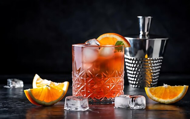 Aperol stpritz cocktail with ice cubes and slices of orange at black background classic italian aperitif beverage with cocktail accessories