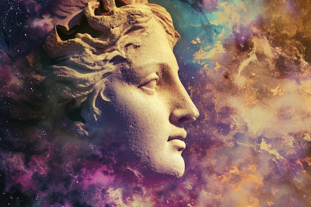 Aphrodite on a cosmic abstract background Concept art collage Poster design