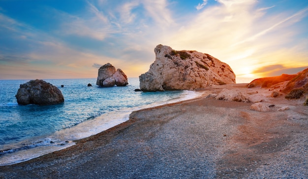 Aphrodite's beach and stone at sunset