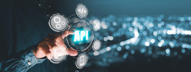 api application programming interface man presses button on touch screen interface and select api icon software development tool modern technology internet and networking concept