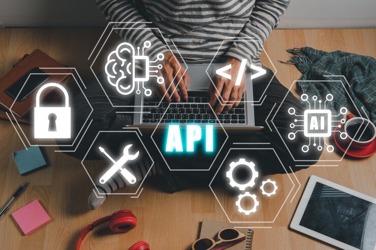 Photo api application programming interface man using laptop computer with touch screen interface and select api icon software development tool modern technology internet and networking concept