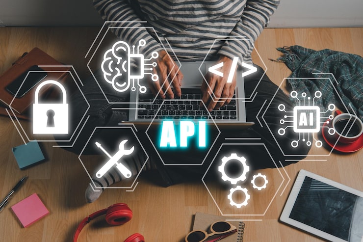 Photo 應用程式編程介面 (api) 人使用筆記型電腦,觸控螢幕介面和選擇 api 圖標 軟件開發工具 現代技術 互聯網和網絡概念