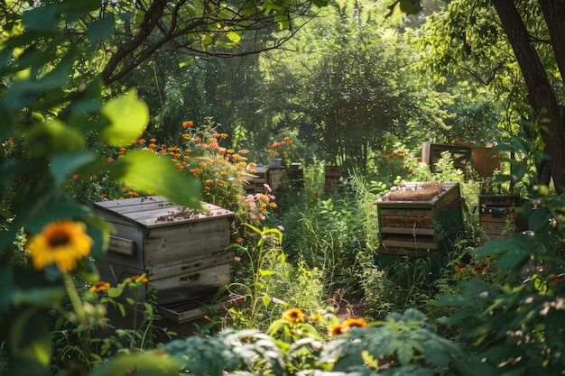 Photo an apiary nestled in a lush garden beehives arranged neatly among colorful flowers