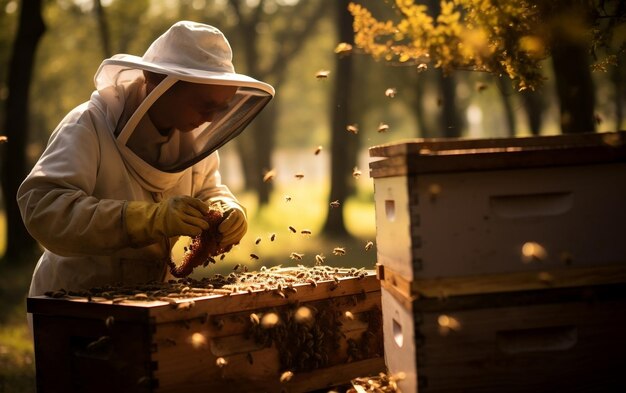 Пчеловодство спокойствия пчеловод в сельском ландшафте Генеративный ИИ