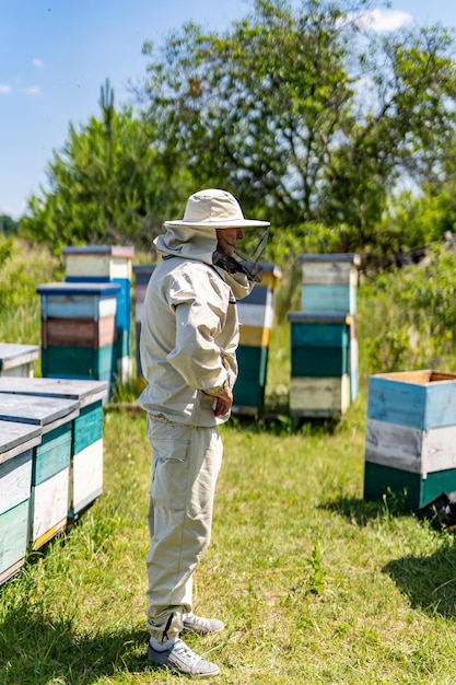 写真 ハニカム フィールドの養蜂家 防護服を着たプロの養蜂家