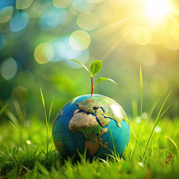 apicture of a globe lying onthe green grassand little seedlings are growing up background