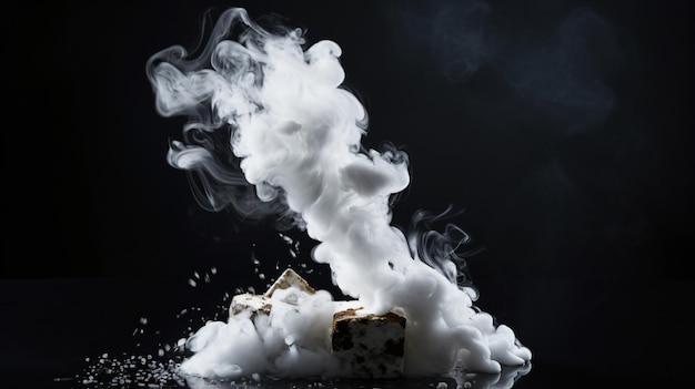 Apiece of marshmallow cake with a lot of smoke