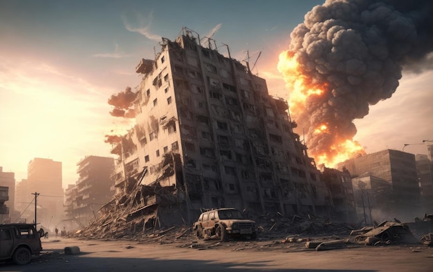 The apocalypse of a destroyed building against the backdrop of an explosion