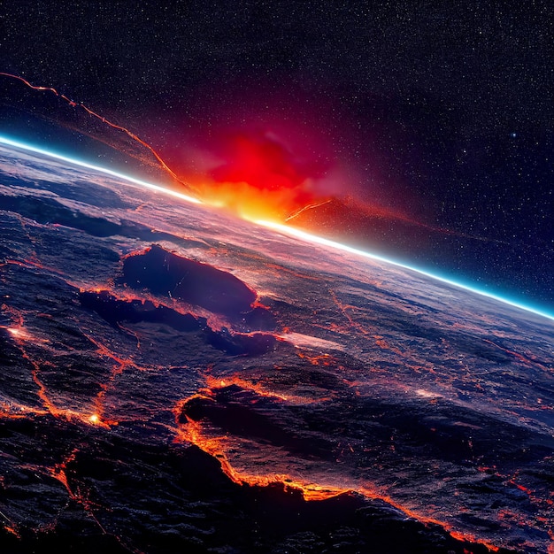 Apocalypse on earth lava flows over the surface of the planet\
earth digital art