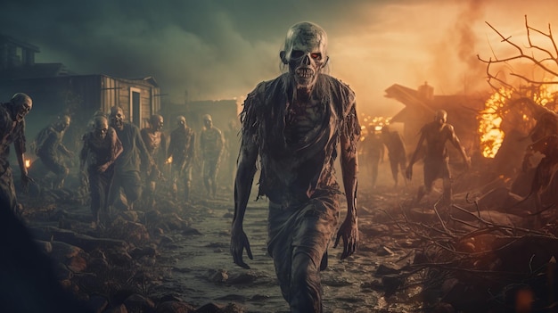 Foto scena fantastica dell'apocalisse gruppo di zombie che camminano concetto di halloween