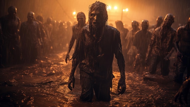 Foto fantasia dell'apocalisse degli zombie che camminano concetto di halloween