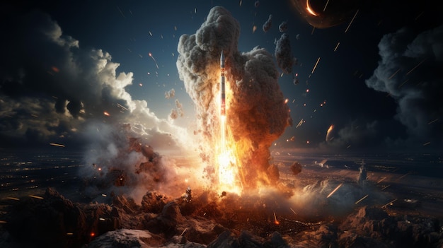 Apocalypse in space destroying cosmic objectCombat rocket takes the planet