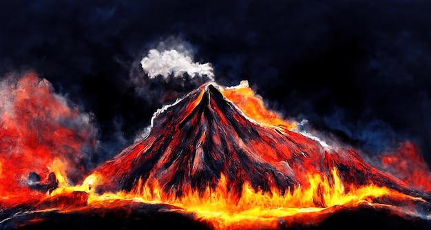 Photo apocalypse, volcanic eruption. lava magma flows flow down volcano mouth. release of ash and sulfur into the atmosphere, big volcanic eruption a global environmental disaster