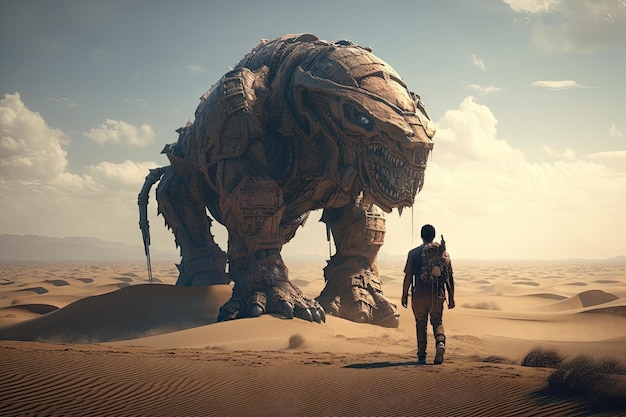Воин Апокалипсиса противостоит гигантскому механическому зверю в стиле цифровой живописи