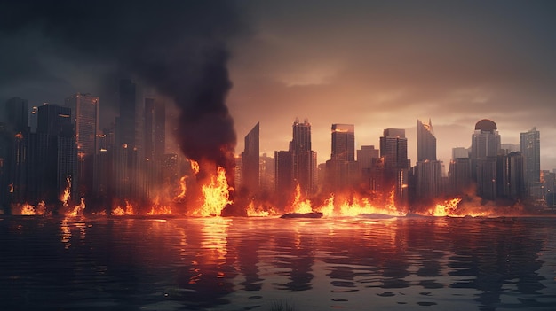 Apocalyptic Blaze Hyperrealistic Image of a Burning City on Water