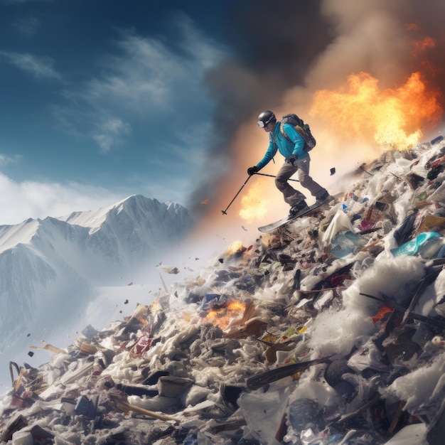 Photo apocalyptic chaos skier's daredevil descent on a milehigh inferno of trash dumpsters