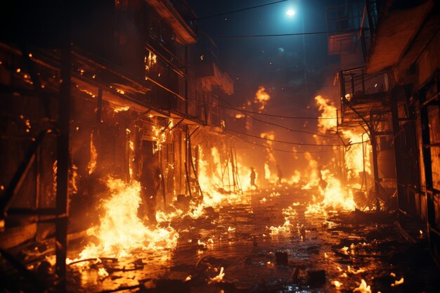 Apocalyptic cityscape with blinding flash engulfed in orange blaze cinematic lighting