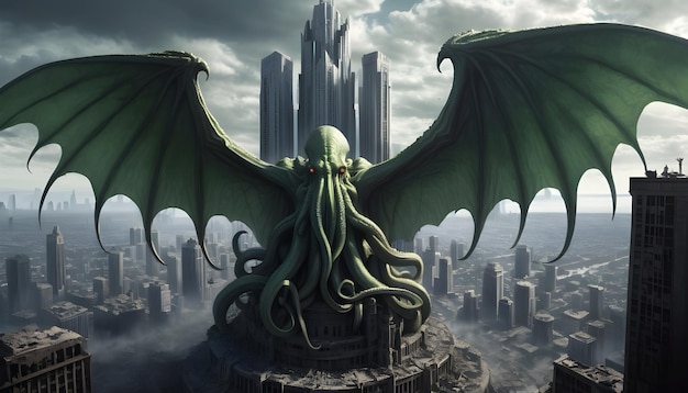 Photo an apocalyptic cityscape with cthulhu towering over skyscrapers