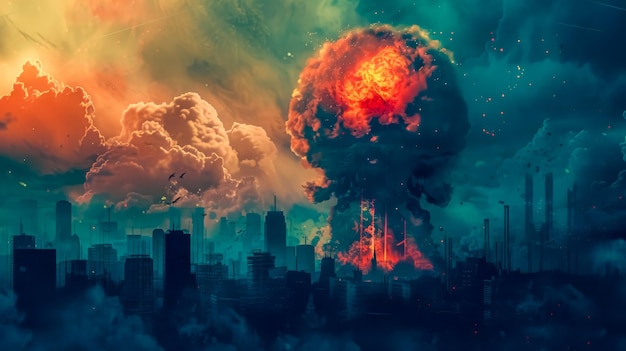 Photo apocalyptic cityscape with explosive sky