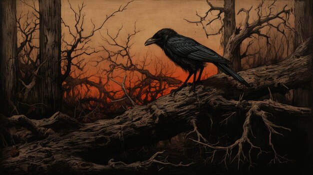 Photo apocalyptic crow a hyperdetailed drawing of a tonalist landscape