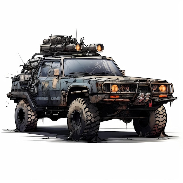 Photo apocalyptic cyberpunk truck with guns on white background