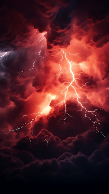 Photo apocalyptic dramatic background bright lighnings in dark red stormy sky vertical mobile wallpaper