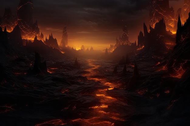 Apocalyptic inferno underworld landscape with road to hell Life after death religious concept