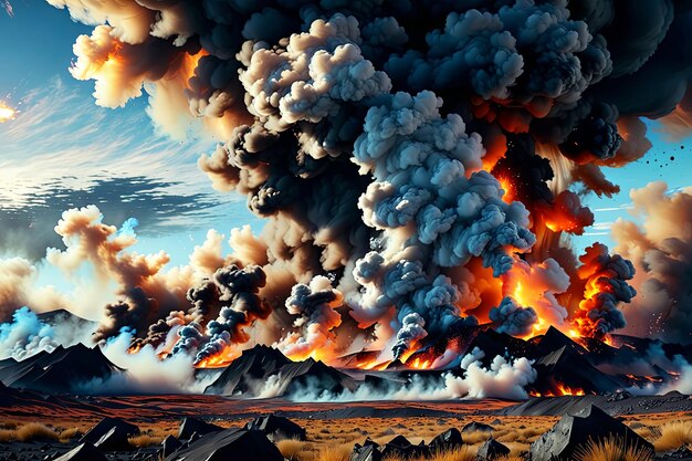 Apocalyptic landscape burning earth and mountains billows of smoke rising into the sky