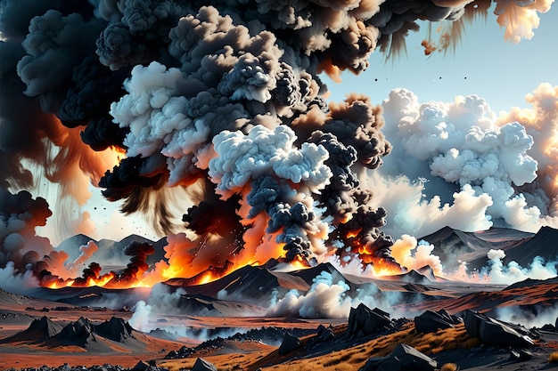 Apocalyptic landscape burning earth and mountains billows of smoke rising into the sky