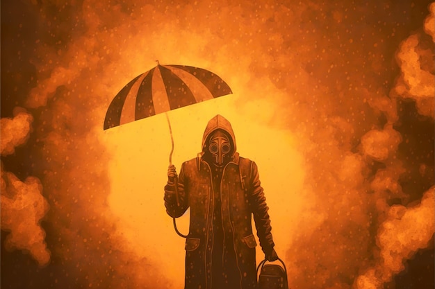 An apocalyptic man with an umbrella on fire