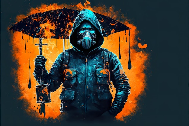 An apocalyptic man with an umbrella on fire