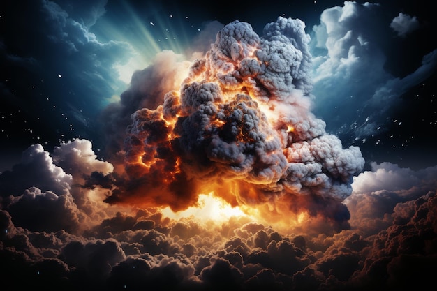 Апокалиптический ядерный взрыв с ослепительным ядром и огненными краями на поверхности планеты