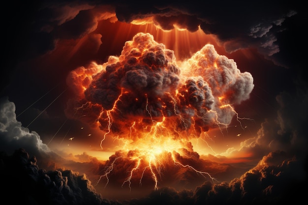 Foto esplosione nucleare apocalittica con onde d'urto di fuoco sulla superficie di un pianeta alieno devastato