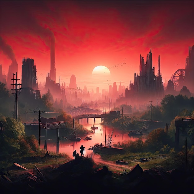 Premium AI Image | Apocalyptic picture of a ruined city against the ...