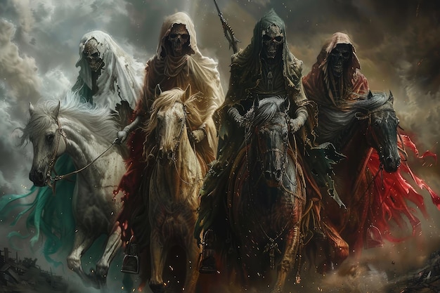 Photo apocalyptic quartet 4 horsemen of the apocalypse the mythical figures symbolizing conquest war famine and death heralding cataclysmic events