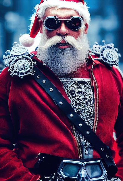 Апокалиптический Санта-Клаус с седыми волосами и длинной бородой в костюме