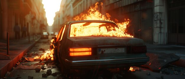 Photo apocalyptic scene with a burning car amidst destroyed urban landscape