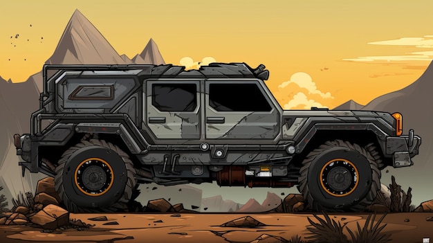 Apocalyptic Suv Detailed Comic Book Art On Mountain Tops