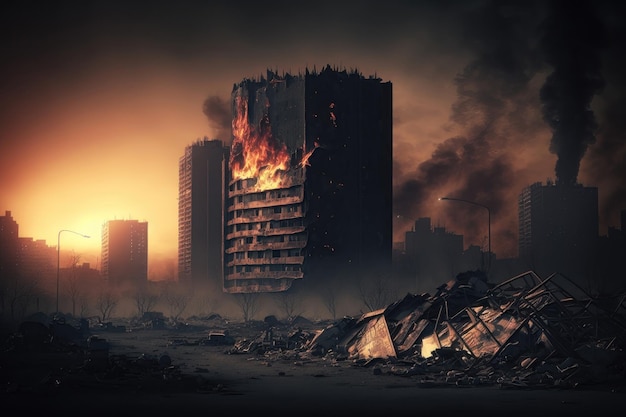 전쟁 후 불타는 도시 건물의 묵시적 관점 AI 세대