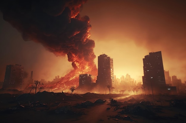 Apocalyptic view of burning city buildings after war AI Generation