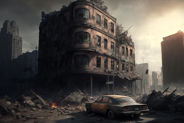 Apocalyptic view of destroyed city buildings post apocalypse after world war generative AI