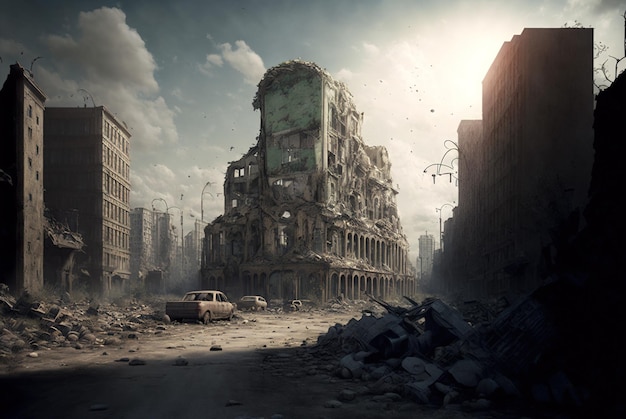 Apocalyptic view of destroyed city buildings post apocalypse after world war generative AI