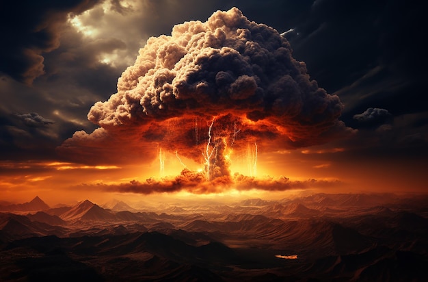 Apocalyptic Vision Nuclear Explosion on a Cloud over a Desert with Shadowy Silhouettes