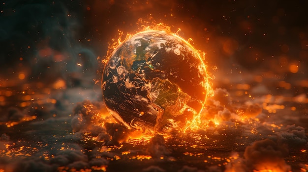 Апокалиптическое видение Огненная Земля, охваченная пламенем среди пропасти космоса, ужасное предупреждение о глобальном потеплении и изменении климата.