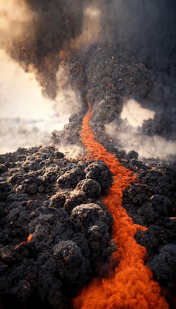 Apocalyptic volcanic landscape with hot flowing lava and smoke and ash clouds 3D illustration