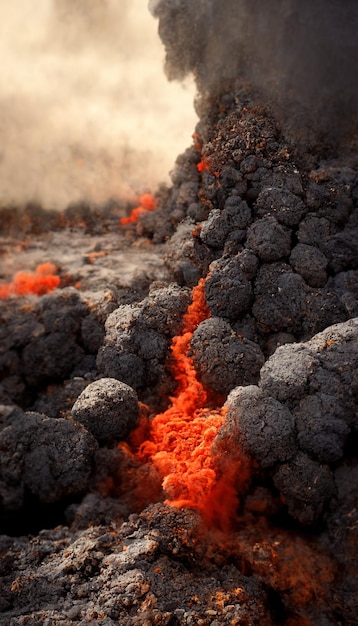 Apocalyptic volcanic landscape with hot flowing lava and smoke\
and ash clouds 3d illustration