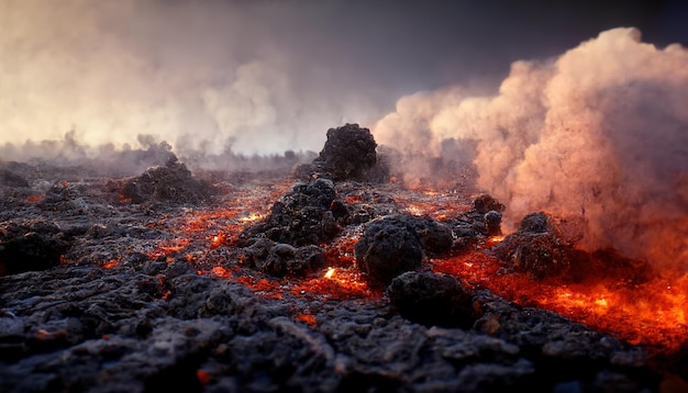 Apocalyptic volcanic landscape with hot flowing lava and smoke and ash clouds 3D illustration