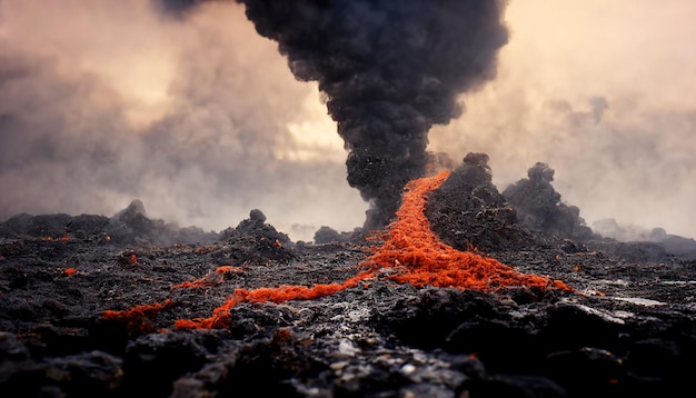 Apocalyptic volcanic landscape with hot flowing lava and smoke and ash clouds 3D illustration