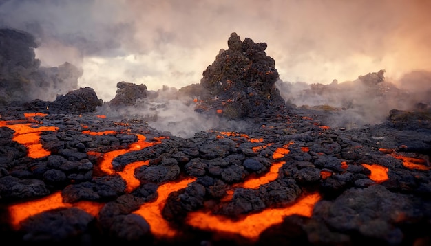 Apocalyptic volcanic landscape with hot flowing lava and smoke and ash clouds 3D illustration