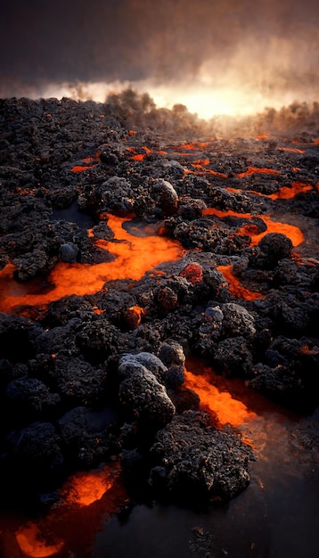 Apocalyptic volcanic landscape with hot flowing lava and smoke and ash clouds 3D illustration